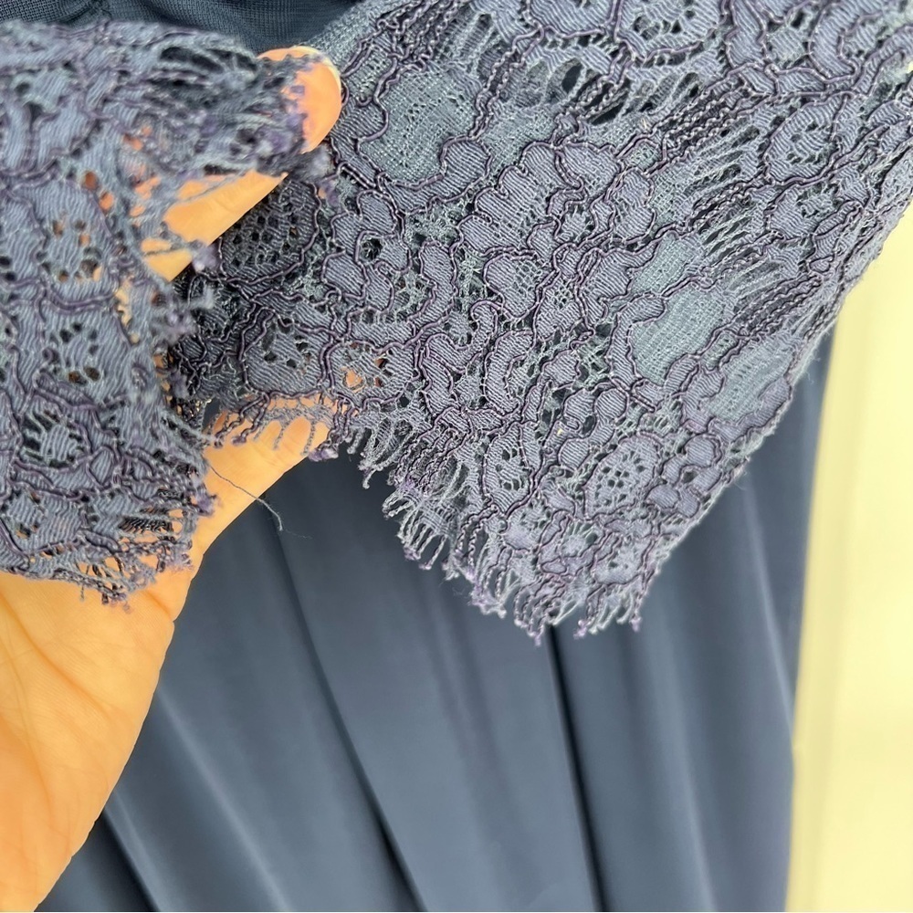 Alex Evenings Navy Blue Ruched Twist Column Bodice Lace Sleeve Maxi Dress Gown - Picture 9 of 14